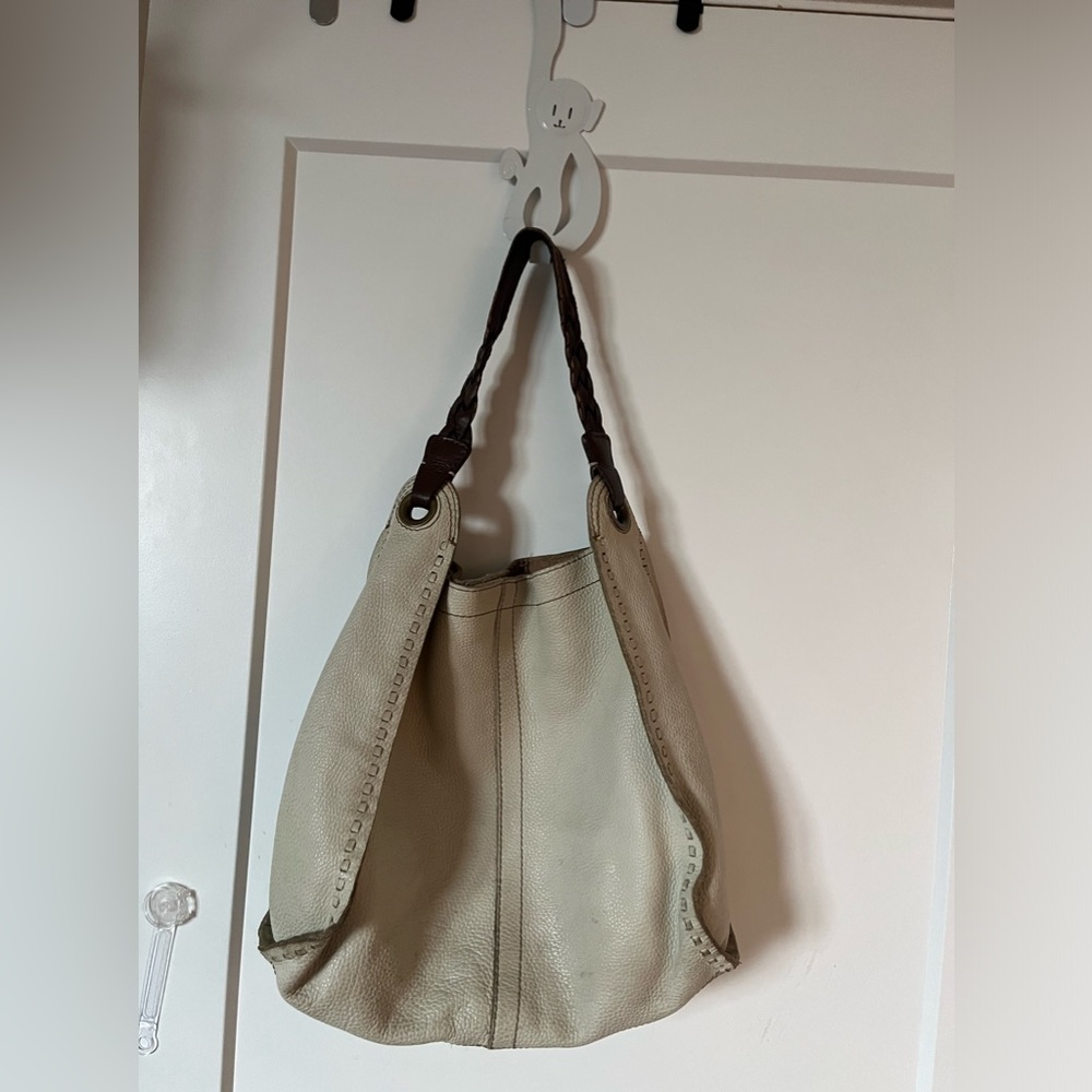 Vtg Y2K Lucky Brand Leather Large Shoulder Bag Gray Braided Handle